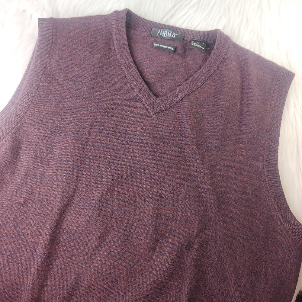 Aureus Mens Vest Lg Maroon 100% Merino Wool Knitted Casual Fall Grandpa Preppy
